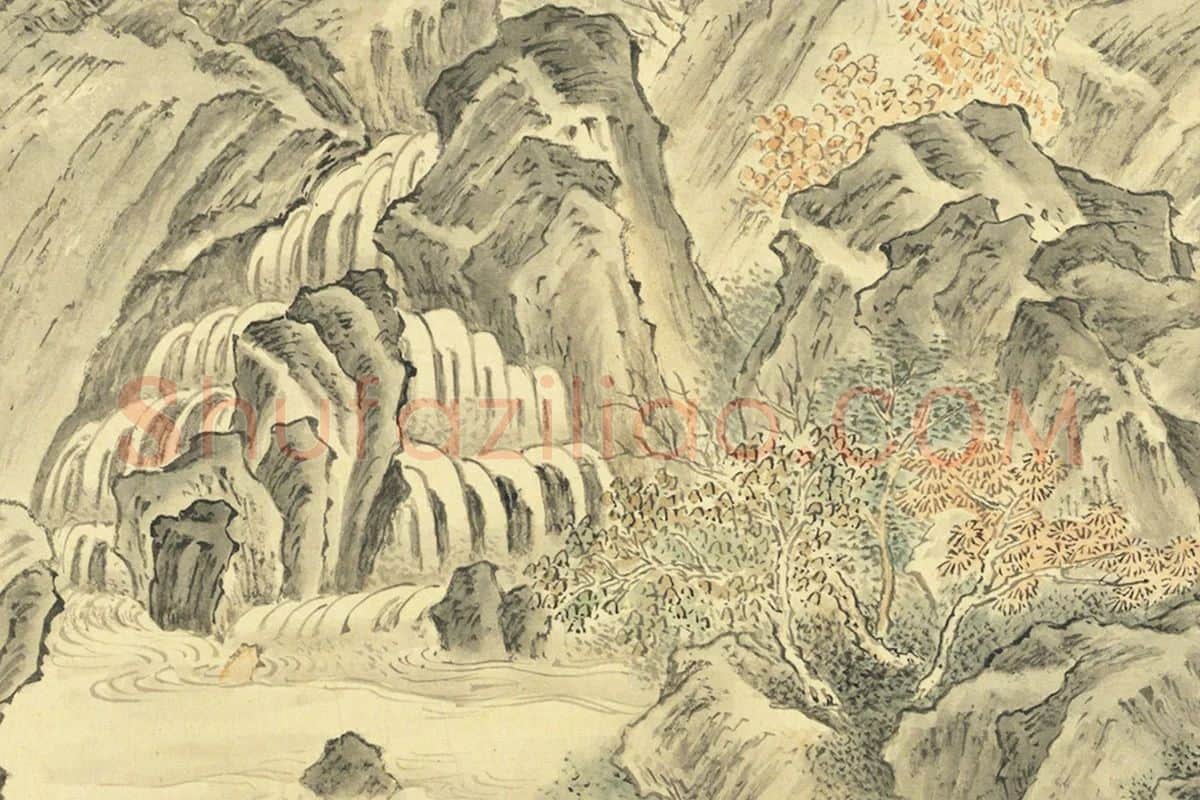 周鲲摹唐寅终南十景图·金碧潭山水人物画局部 (4)
