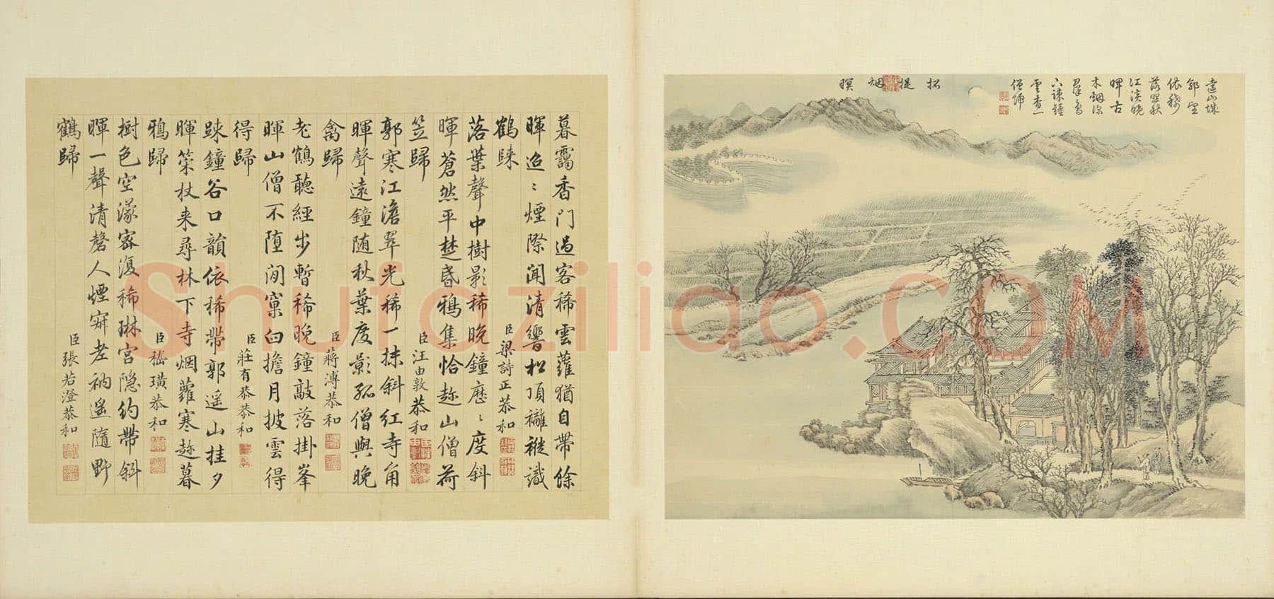 周鲲仿王翚山水“招提烟暝”夜景(月景)山水画