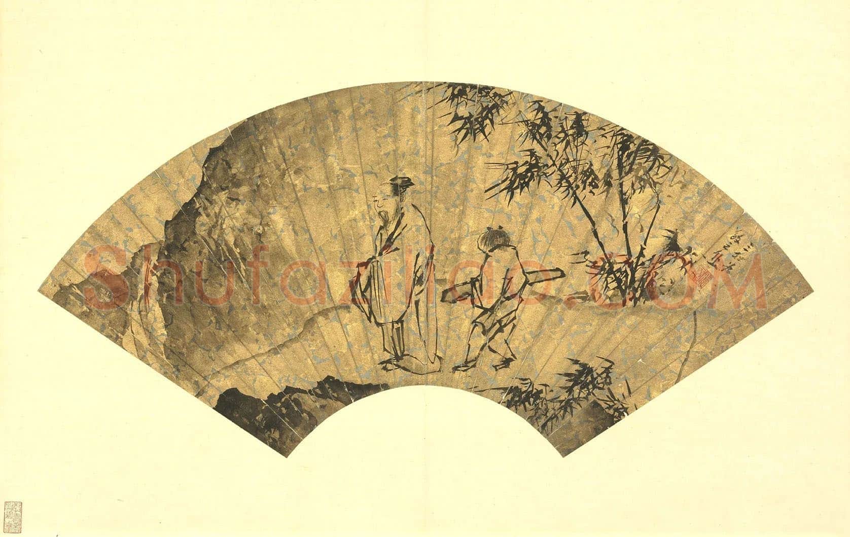 明·蒋嵩《竹下抱琴图》山水人物扇面