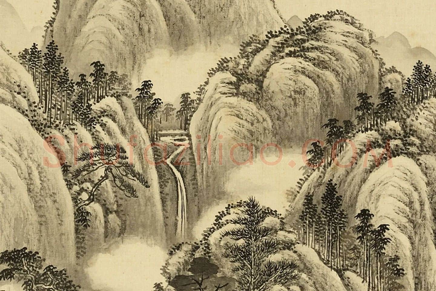 周鲲仿古山水画册页高清大图局部细节 (5)