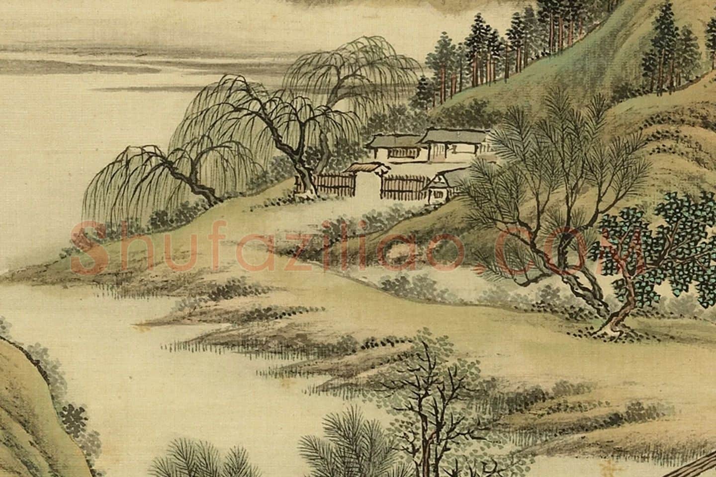 周鲲仿古山水画册页高清大图局部细节 (6)