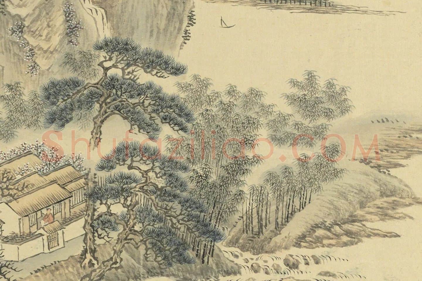 周鲲仿王翚山水画册高清大图局部细节(7)