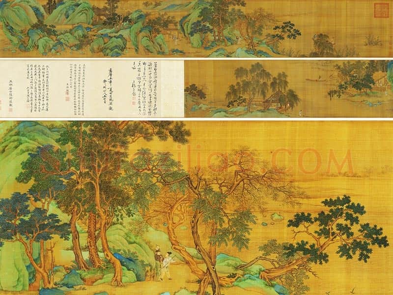 仇英《长夏江村图》青绿山水卷