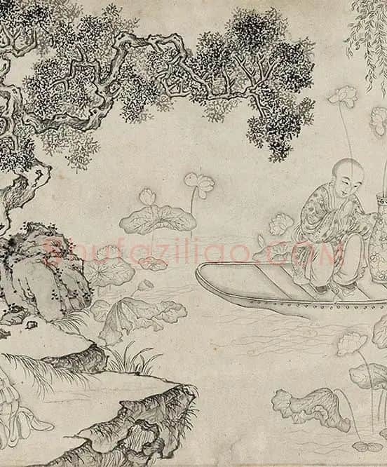 仇英白描人物《摹李公麟白描罗汉卷》_21