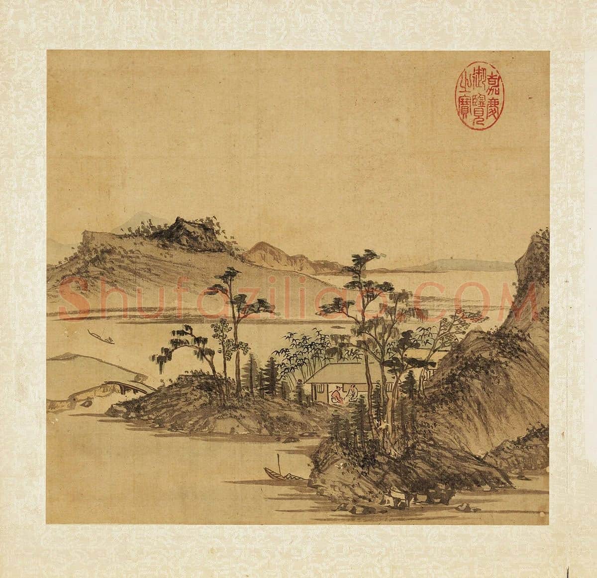 张雨森《晴阁对谈》山水画