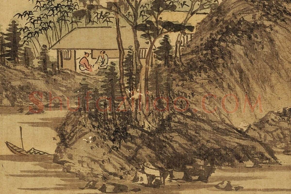 张雨森《晴阁对谈》山水画局部 (1)