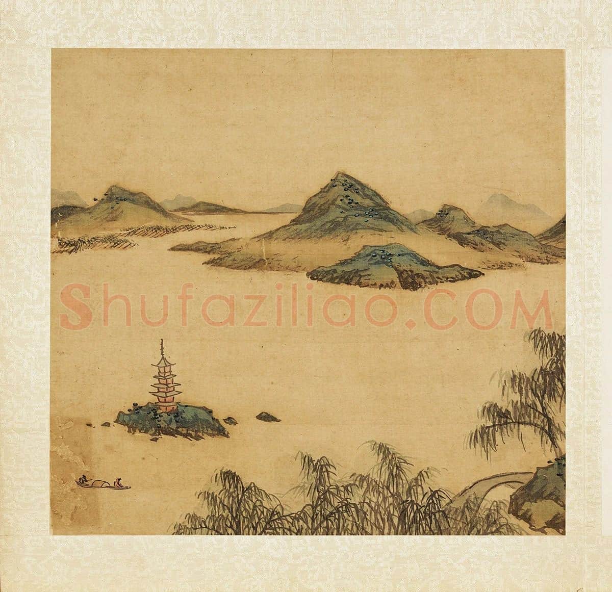张雨森青绿山水画《澄江孤塔》
