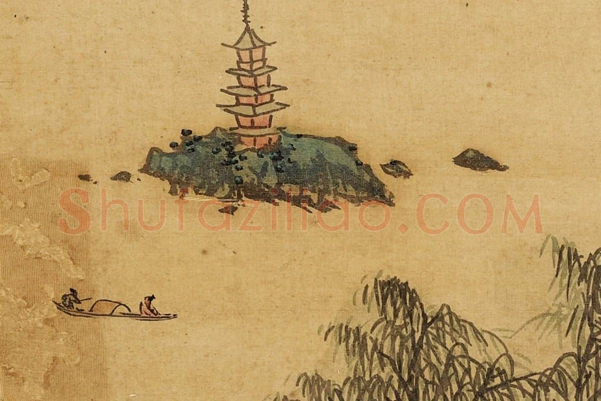 张雨森青绿山水画《澄江孤塔》局部 (1)