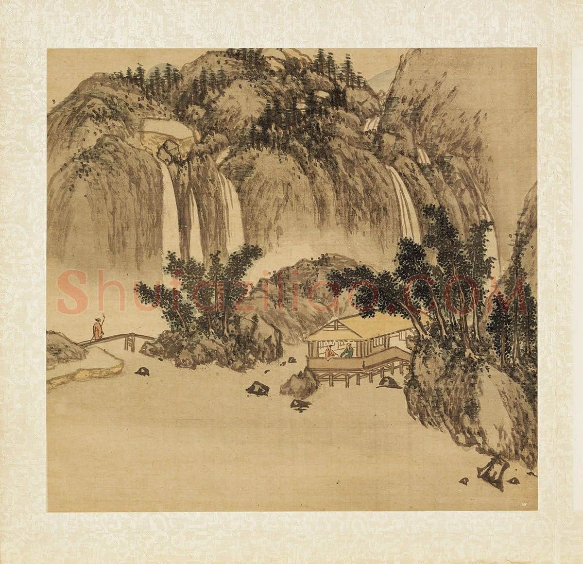 张雨森山水画《林屋飞瀑》