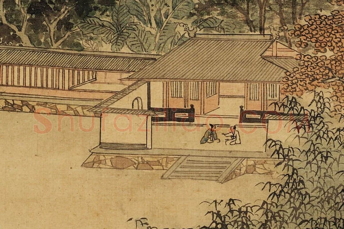 张雨森《林屋对谈》庭院山水画局部 (1)