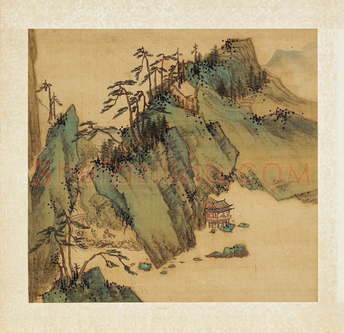 张雨森青绿山水画《松麓观江》