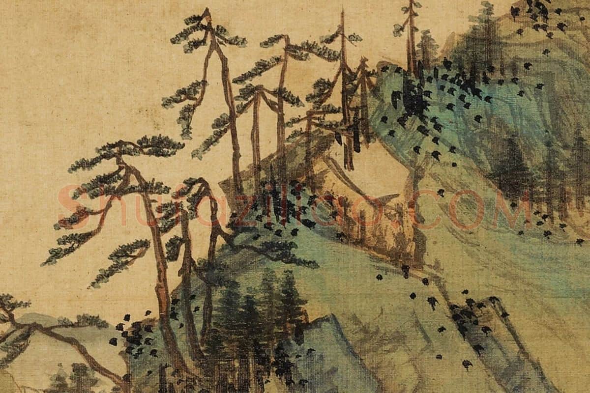 张雨森青绿山水画《松麓观江》局部 (1)