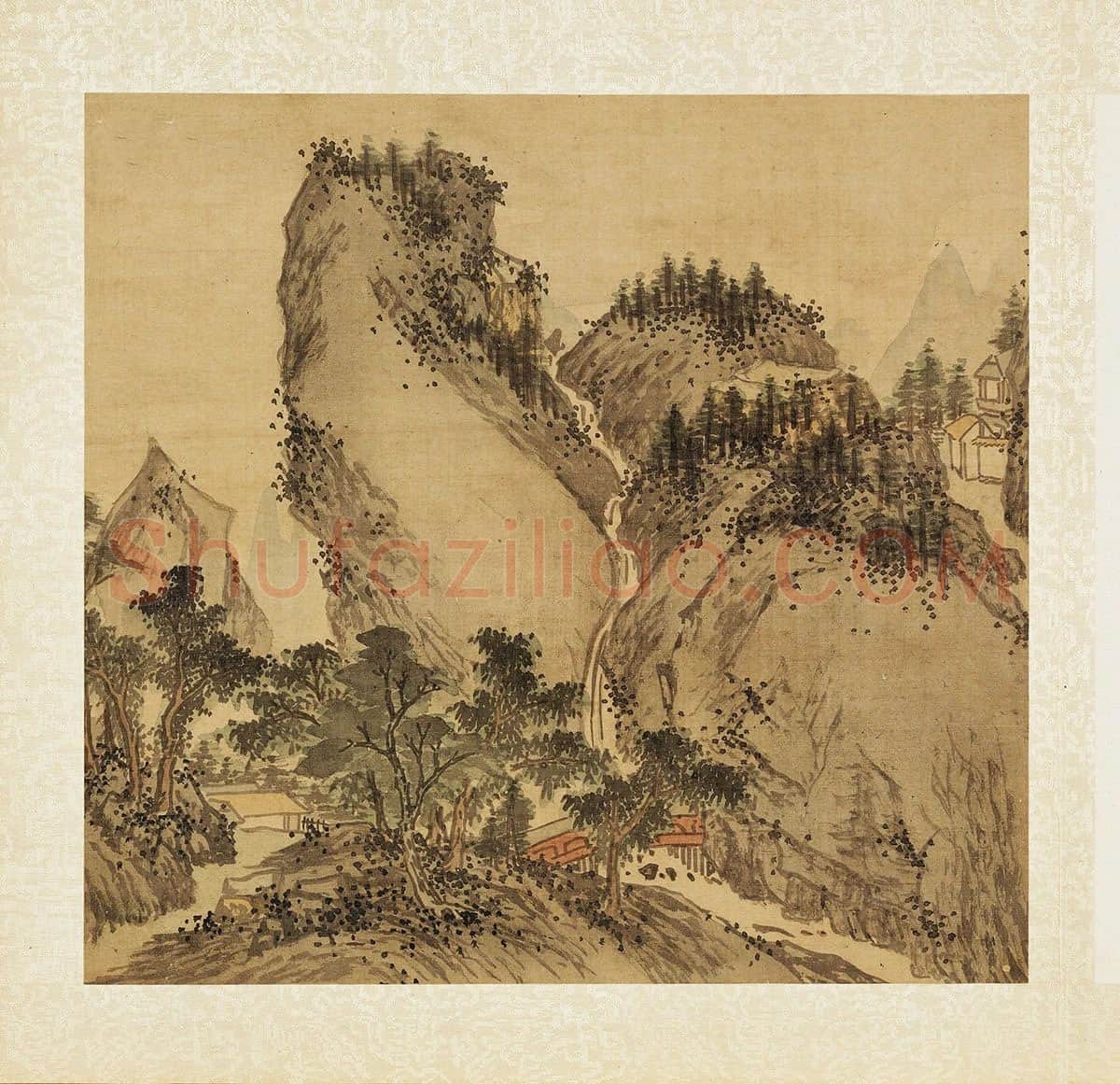 张雨森《水榭听瀑》高山流水山水画
