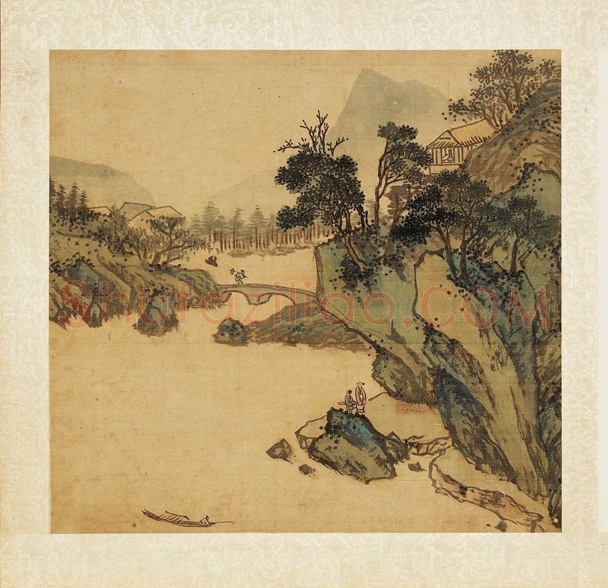张雨森《崖下远眺》青绿山水画