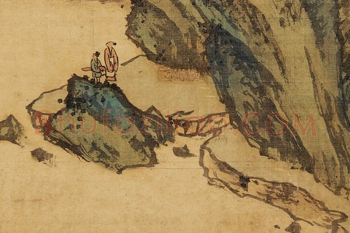 张雨森《崖下远眺》青绿山水画局部 (1)