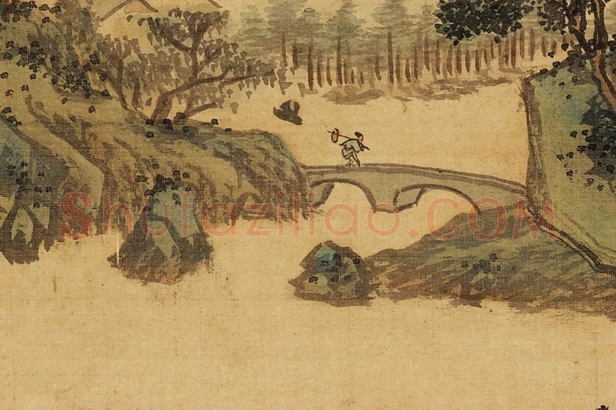 张雨森《崖下远眺》青绿山水画局部 (2)