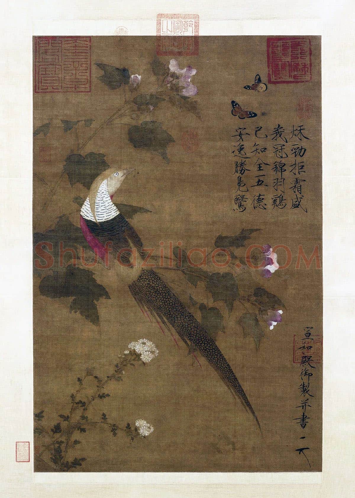 宋徽宗赵佶双勾重彩工笔花鸟画《芙蓉锦鸡图》