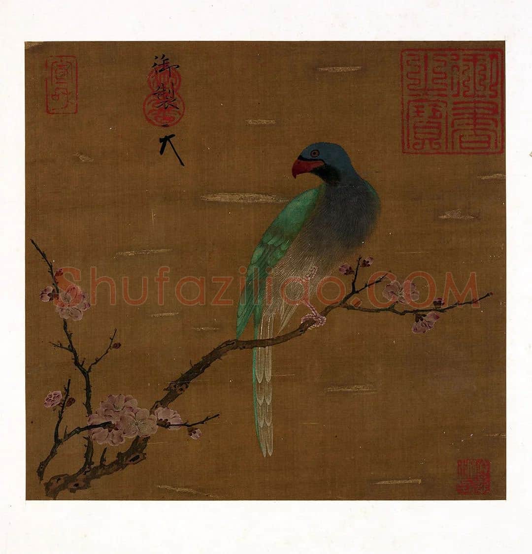 宋徽宗赵佶没骨花鸟画《杏花鹦鹉》