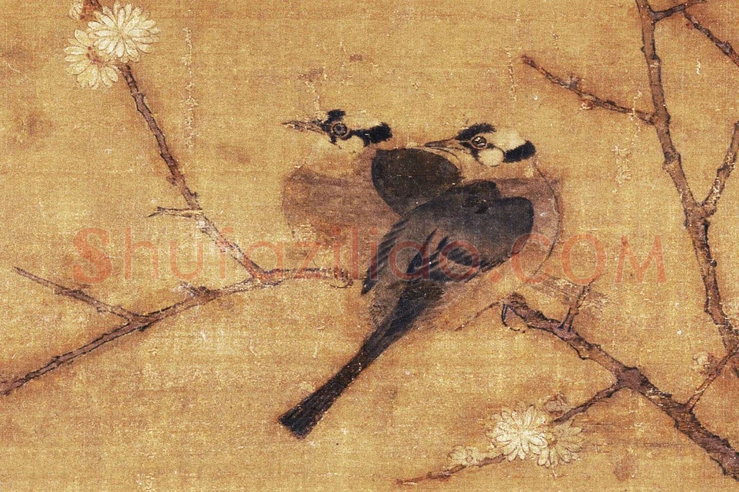 宋徽宗赵佶花鸟画《蜡梅山禽图》局部 (1)
