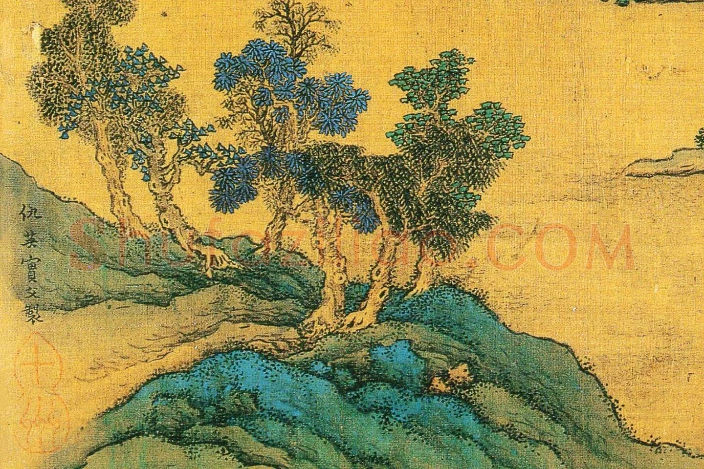 仇英青绿山水画《辋川十景图》局部 (1)