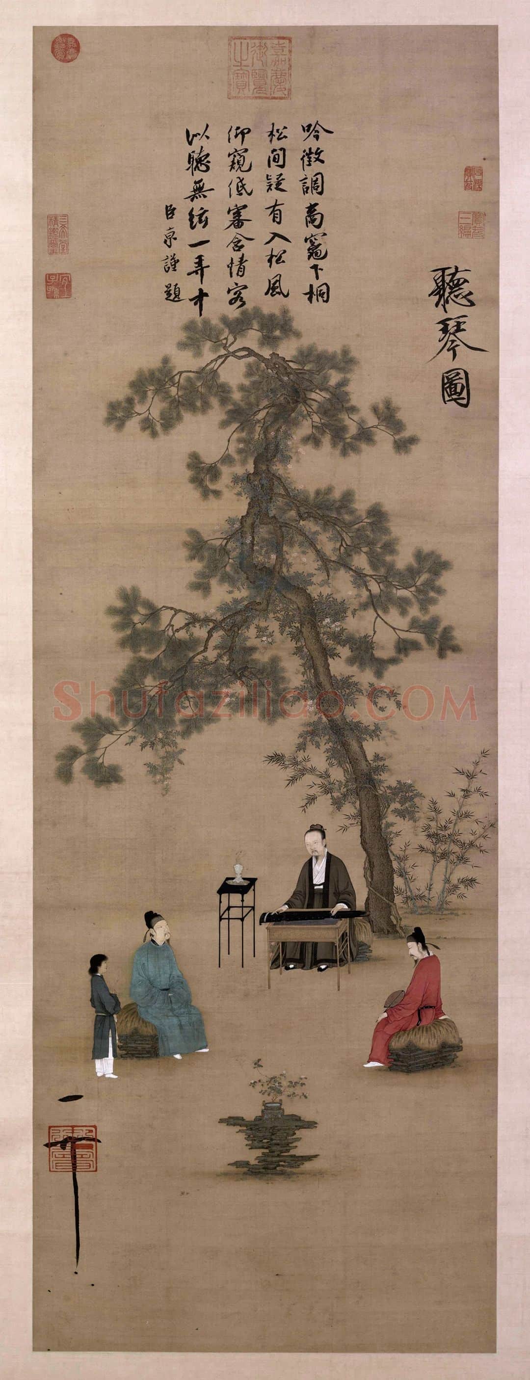 宋徽宗赵佶工笔人物画《听琴图》