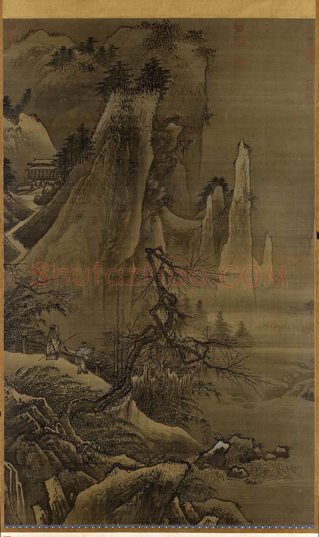传夏圭山水人物画《雪屐探梅图》轴