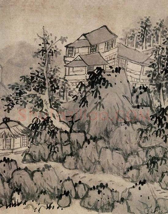 蓝瑛水墨山水画《秋山幽居图》_04