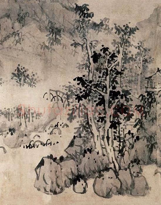 蓝瑛水墨山水画《秋山幽居图》_06