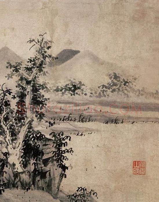 蓝瑛水墨山水画《秋山幽居图》_12