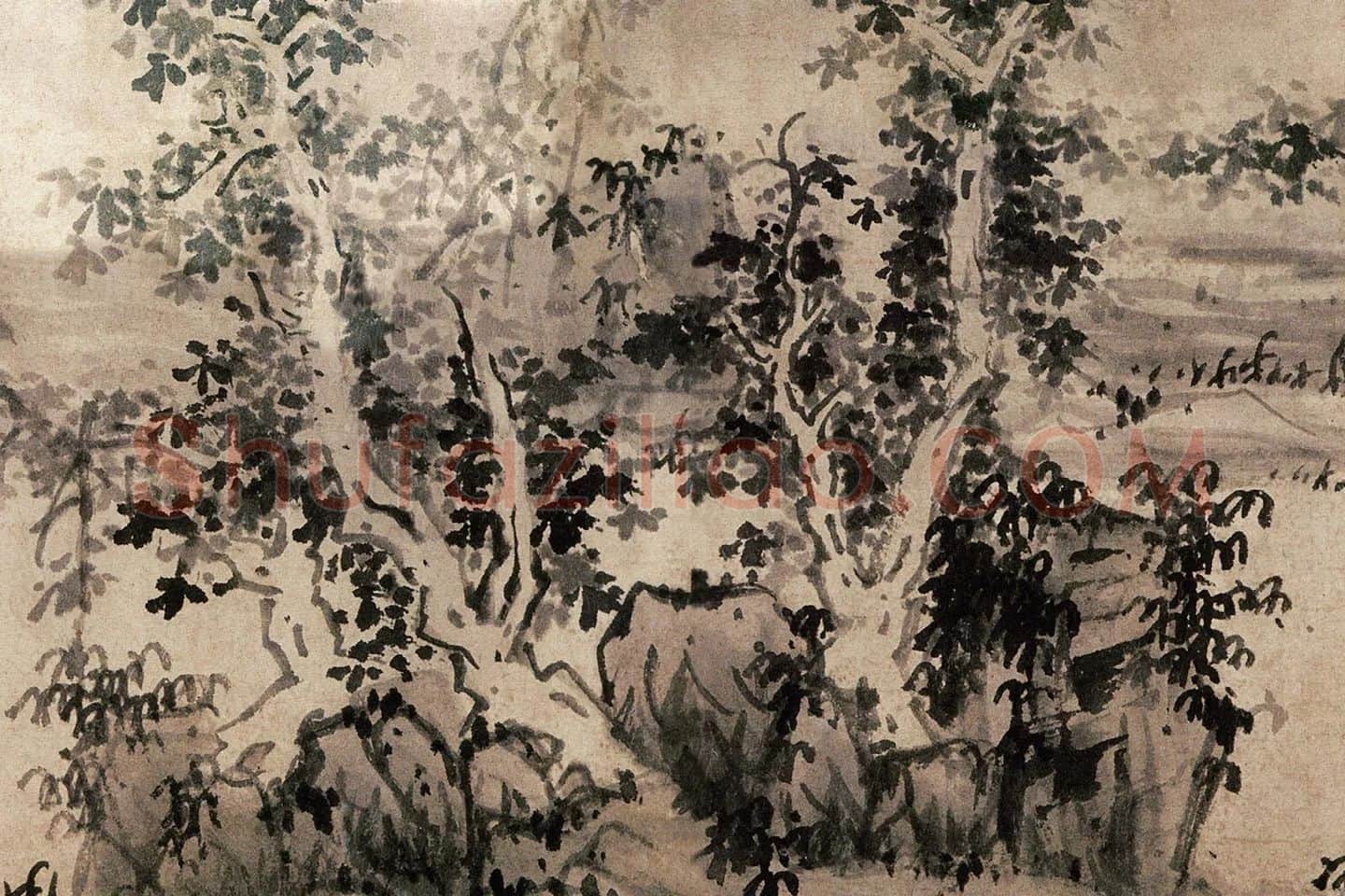蓝瑛水墨山水画《秋山幽居图》局部 (1)