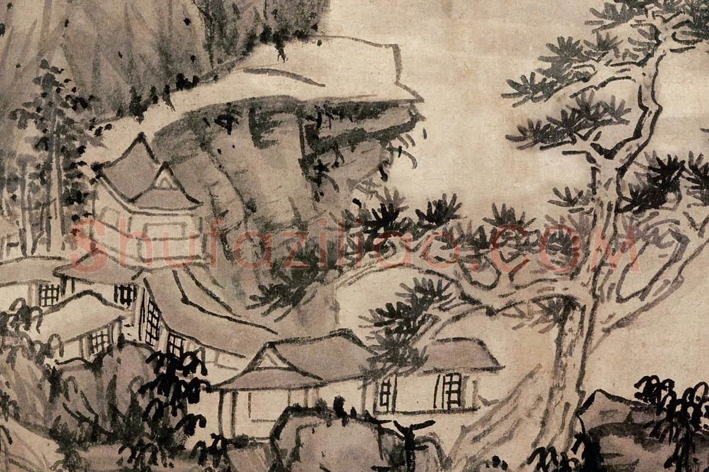 蓝瑛水墨山水画《秋山幽居图》局部 (2)