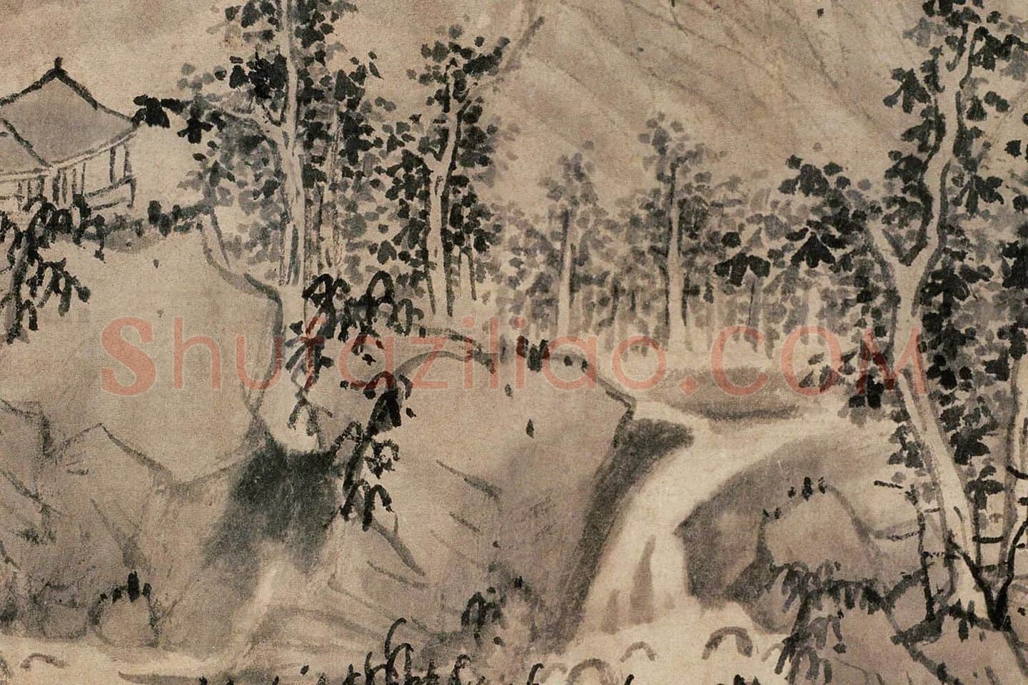 蓝瑛水墨山水画《秋山幽居图》局部 (3)