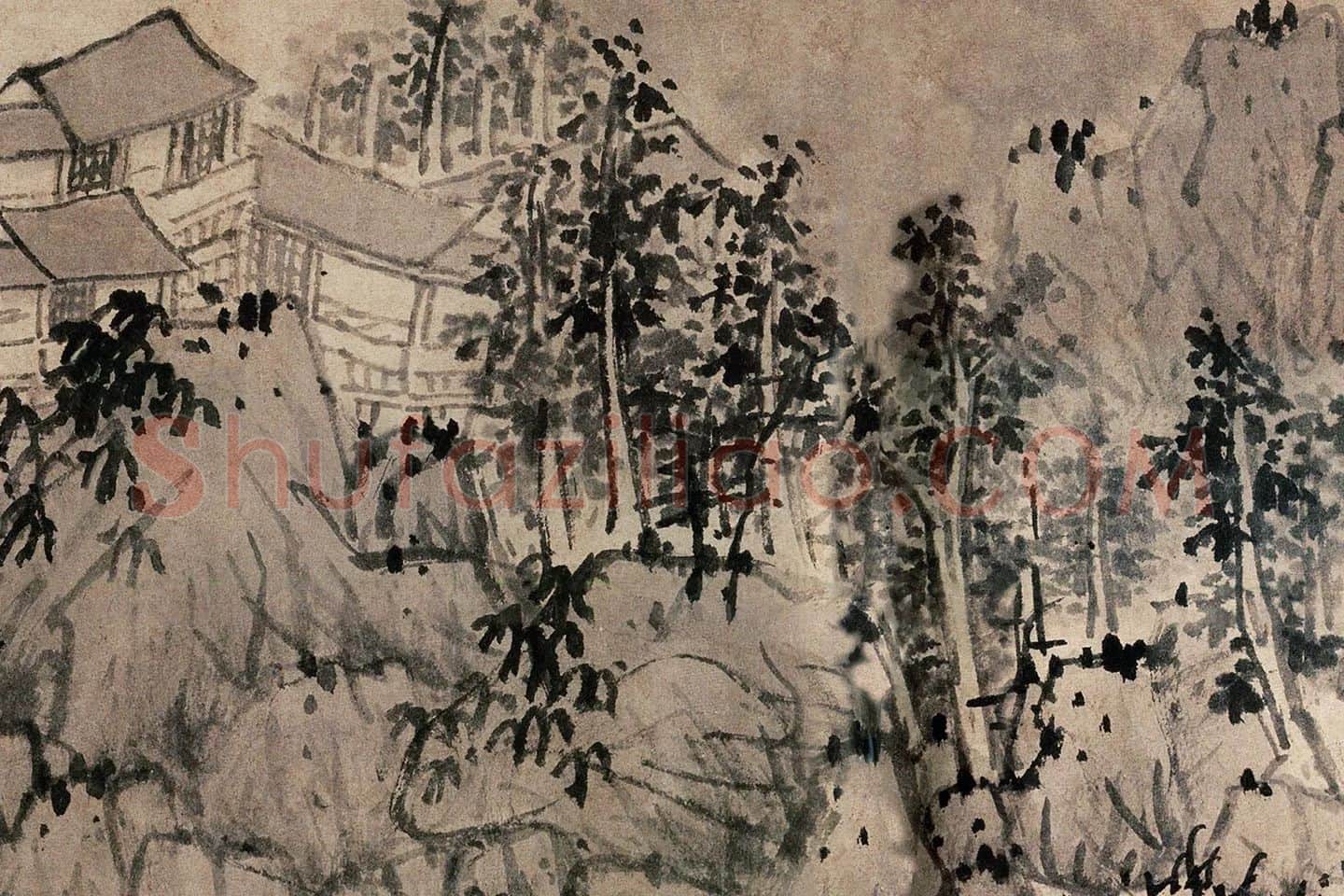 蓝瑛水墨山水画《秋山幽居图》局部 (4)