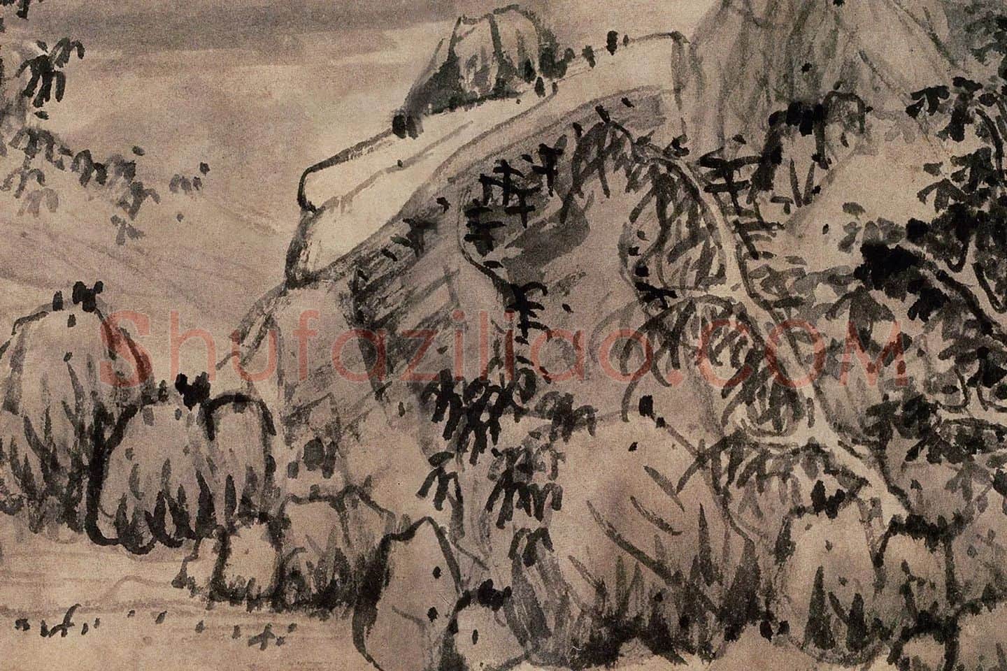 蓝瑛水墨山水画《秋山幽居图》局部 (5)