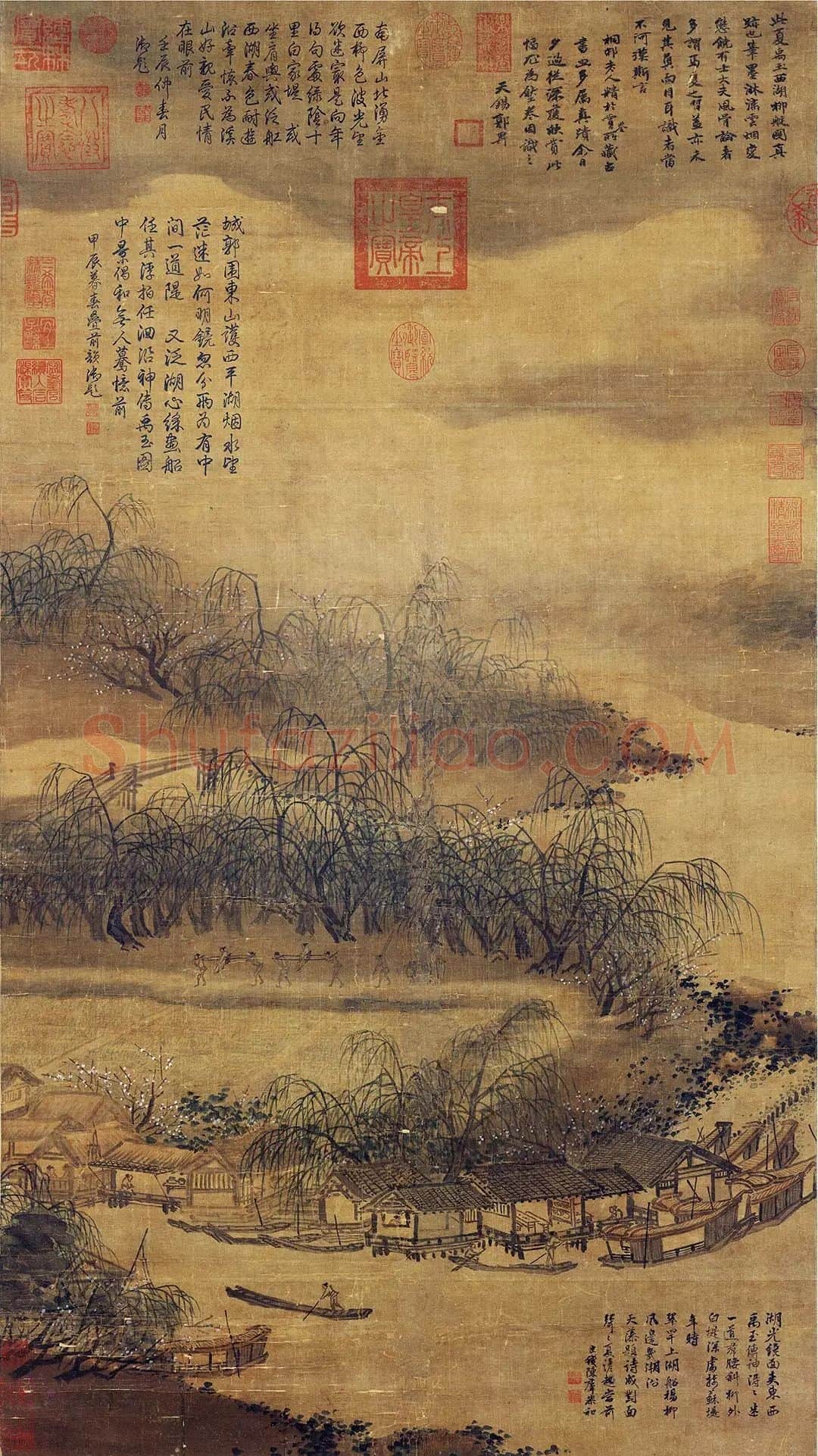 夏圭山水画《西湖柳艇图》轴