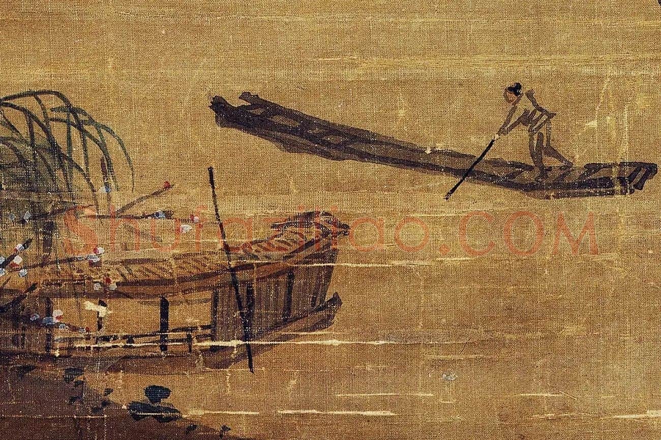 夏圭山水画《西湖柳艇图》高清大图局部 (1)