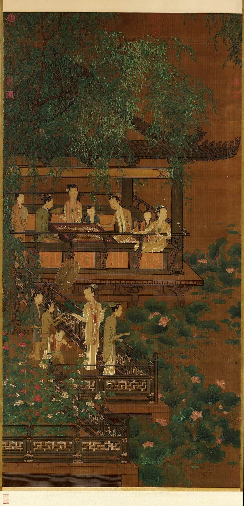 周文矩界画《荷亭奕钓仕女图》