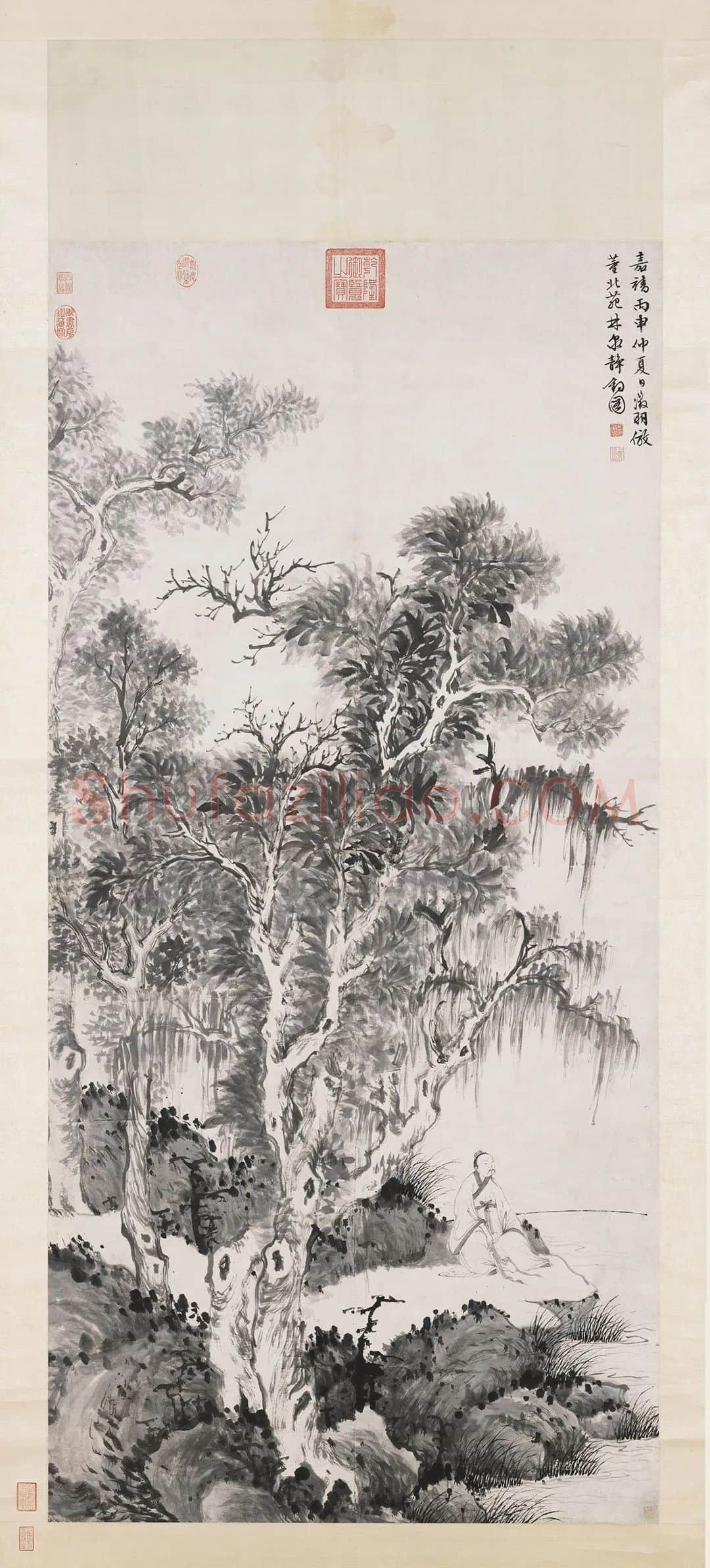 明·文徵明水墨山水人物画《仿董源林泉静钓图》