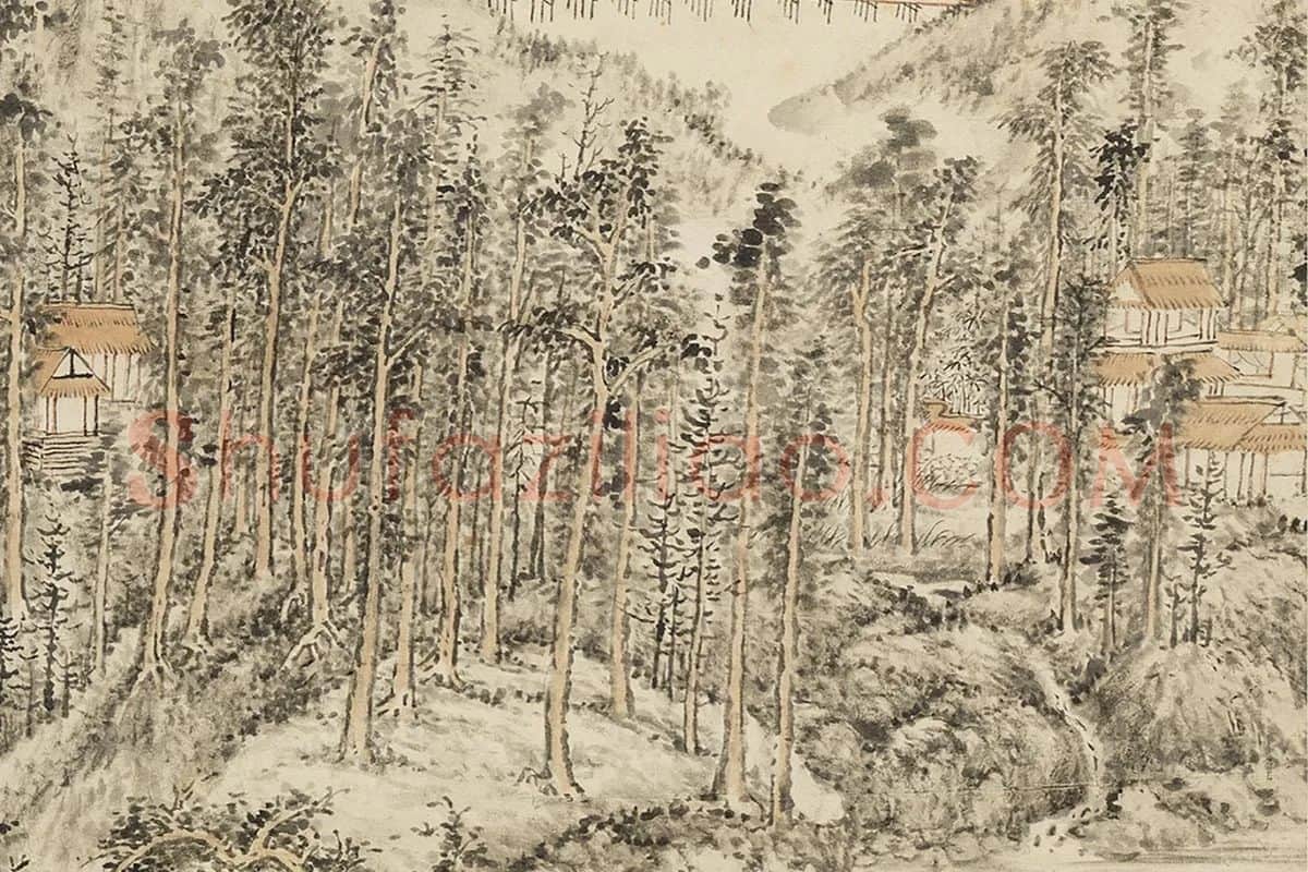 方士庶田园山水画《仿董源夏山烟霭图》局部 (1)