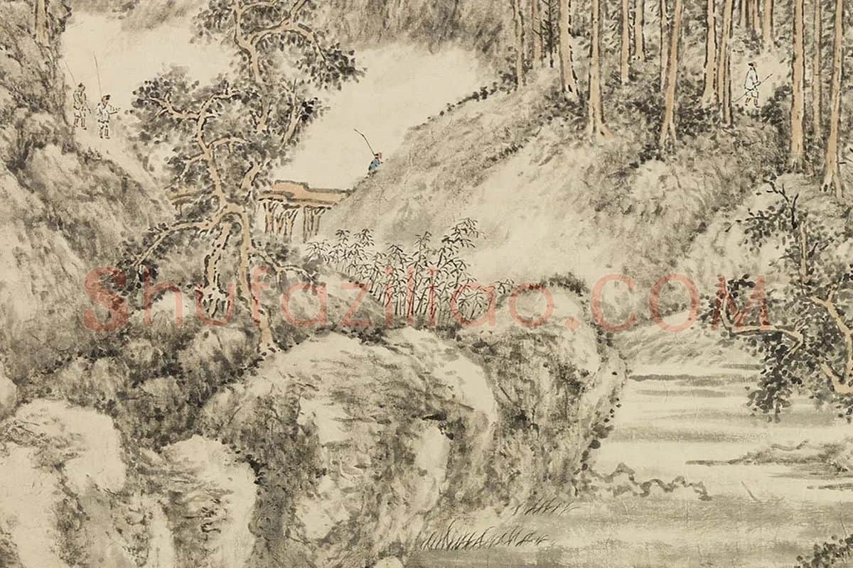 方士庶田园山水画《仿董源夏山烟霭图》局部 (2)