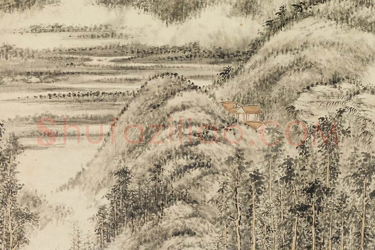 方士庶田园山水画《仿董源夏山烟霭图》局部 (3)