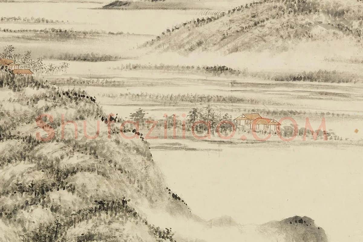 方士庶田园山水画《仿董源夏山烟霭图》局部 (5)