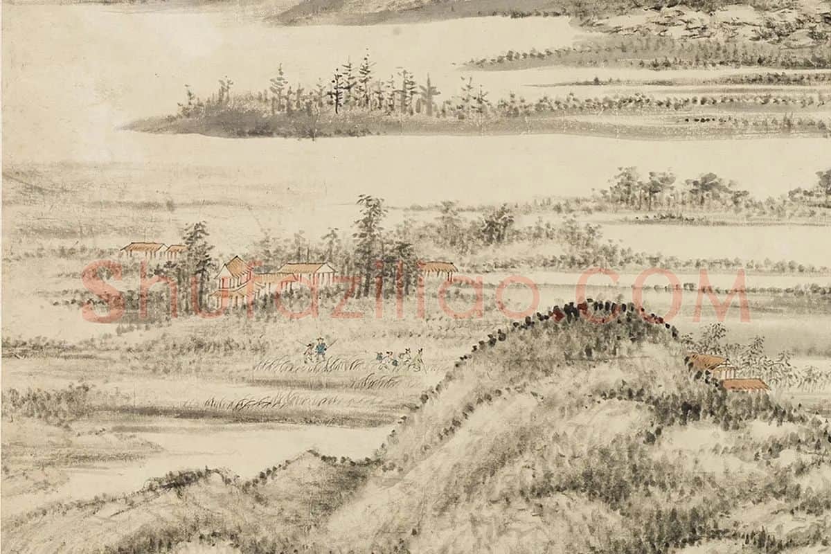 方士庶田园山水画《仿董源夏山烟霭图》局部 (6)