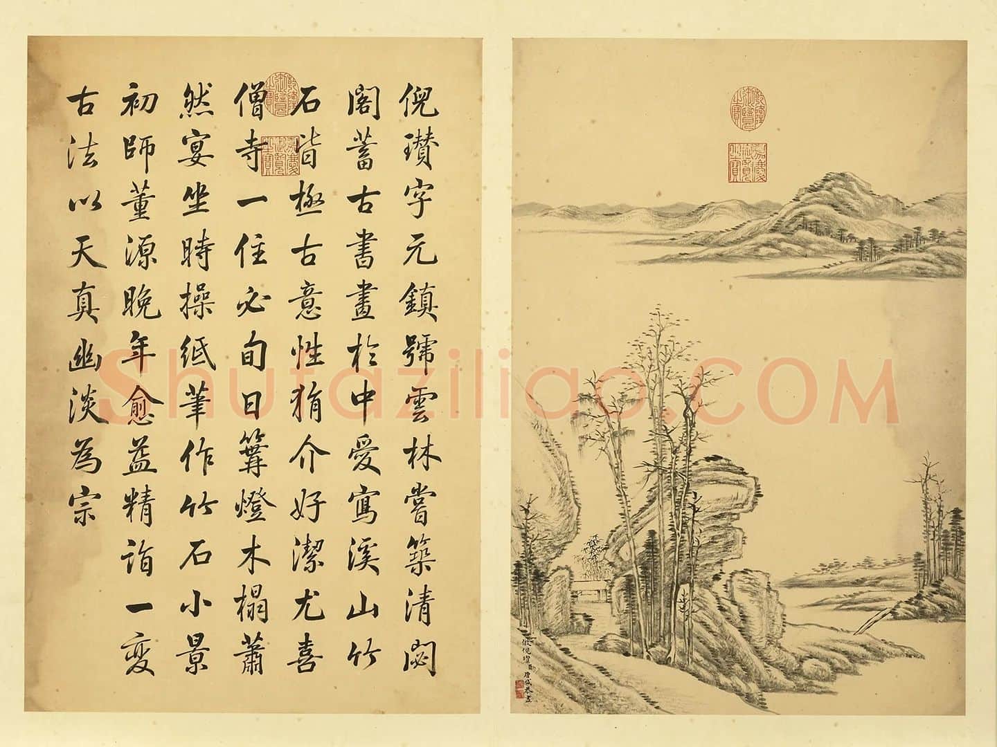唐岱水墨山水画《仿倪瓒山水》