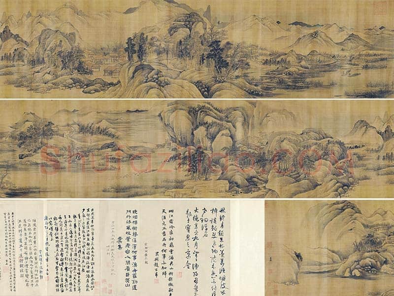 传巨然秋景山水画《秋山渔艇图》卷