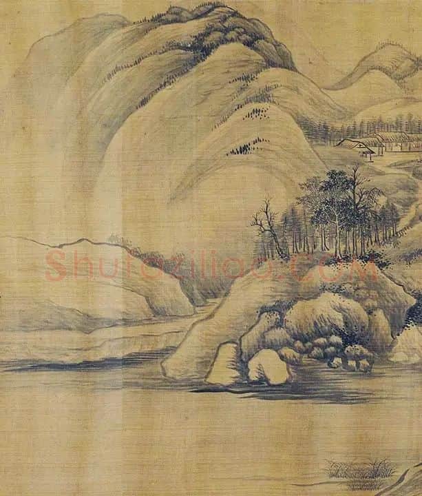 传巨然秋景山水画《秋山渔艇图》卷_05