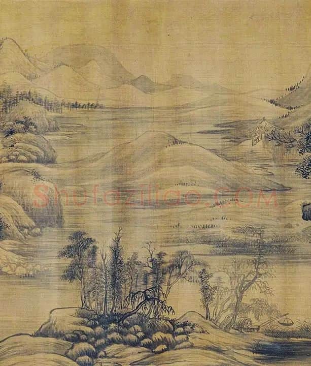 传巨然秋景山水画《秋山渔艇图》卷_06
