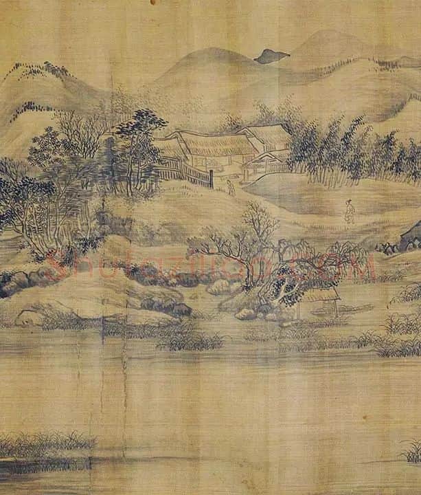 传巨然秋景山水画《秋山渔艇图》卷_07