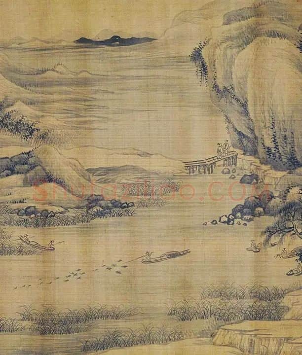 传巨然秋景山水画《秋山渔艇图》卷_08