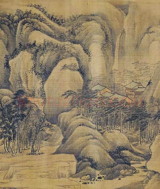 传巨然秋景山水画《秋山渔艇图》卷_09
